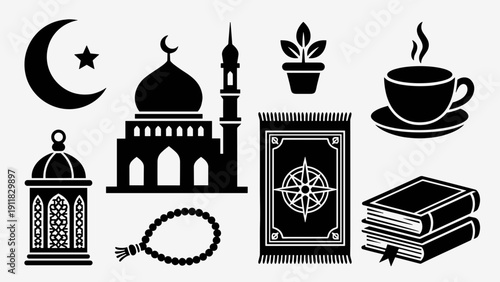 Black and White Ramadan Vibes Vector Icons Collection Showing Silhouette of Mosque Lantern Quran Book Prayer Beads and Tea Cup for Minimalist Islamic Graphic Design Projects