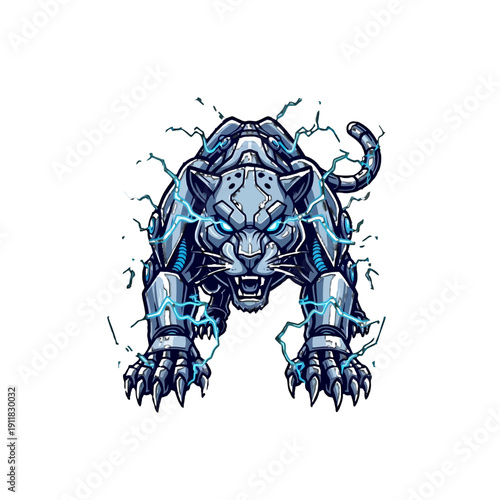Aggressive Robotic Panther with Electric Blue Glow and Circuitry Crouching on Isolated White Background