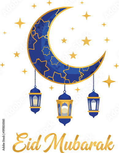 Blue and Gold Crescent Moon with Hanging Lanterns and Stars Eid Mubarak Islamic Festival Vector Illustration