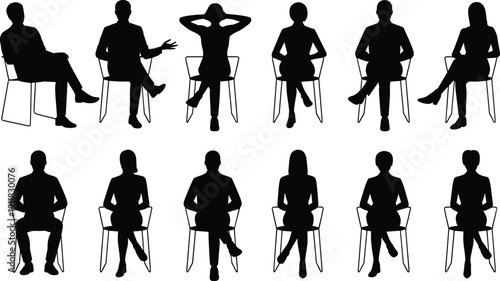 Business people sitting silhouette set, office meeting interview poses, professional men women chair outline vector pack for presentation design