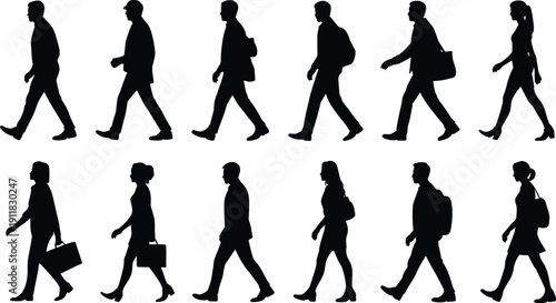 Business people walking silhouette set, men women office commute poses, professional outline vector pack for corporate presentation design