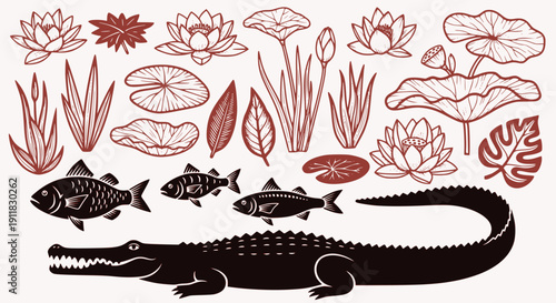 Large vintage collection of alligator, fish and pond plants like water lilies and lotus in linocut style