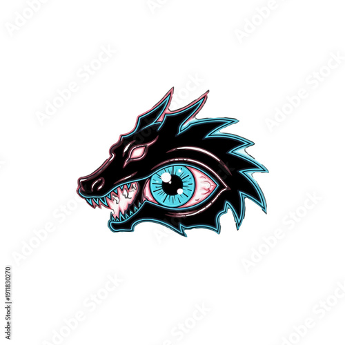 Mysterious Dragon Head with Piercing Blue Eye, isolated white background