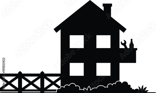 Residential House Building Silhouette with Construction Worker Set, Oil Pump Jack Industry, Water Tower Infrastructure, and New York City Skyline Fireworks Celebration for Urban