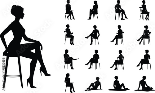 Elegant seated women silhouette pose set, female sitting chair positions outline vector pack for fashion presentation design