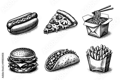 Vintage american fast food engraving set, antique snacks sketch in woodcut style