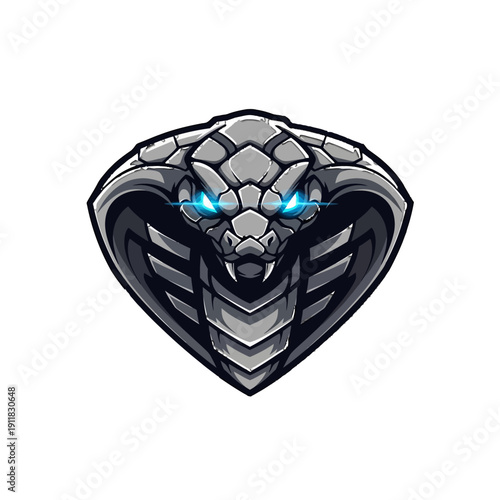 Dark Cobra Head E-Sports Logo with Glowing Blue Eyes on an Isolated White Background