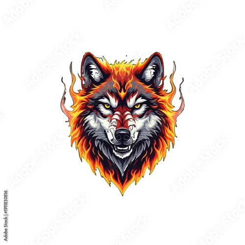 Fiery Wolf Head Logo with Blazing Flames and Intense Gaze on an Isolated White Background