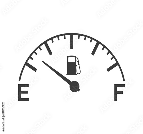 Fuel gauge icon showing low level on dashboard with needle pointing to empty for automotive and transportation design projects