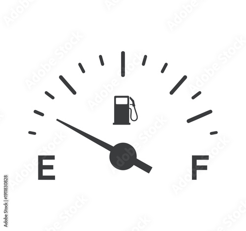 A fuel gauge with a needle indicating an almost full tank, marked e for empty and f for full with gas pump icon