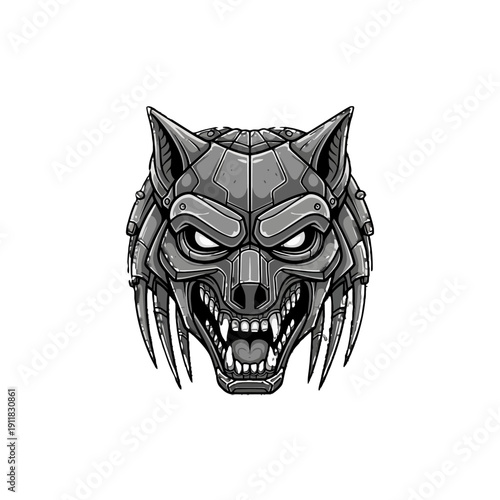 Aggressive Cyberpunk Wolf Head Logo with Spikes and Metallic Armor on an Isolated White Background