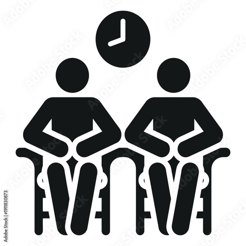 Two people sitting on chairs near clock icon representing waiting or meeting concept