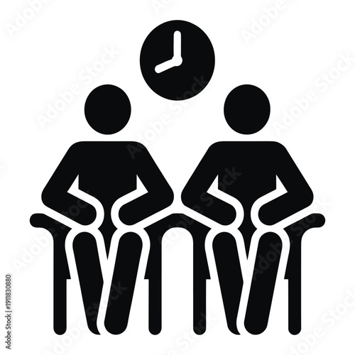 Waiting room icon representing people sitting on chairs under wall clock in public area for hospital terminal or service center