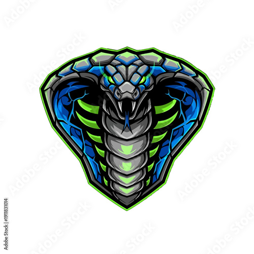 Aggressive Cobra Head E-Sports Logo with Blue and Green Scales on an Isolated White Background