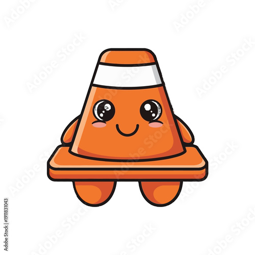 Happy Traffic Cone Mascot Smiling with Big Eyes on Isolated White Background, Cheerful Orange Safety Cone Character