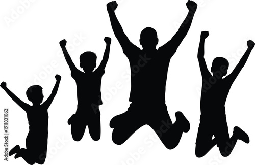 Happy family jumping silhouette set, parents kids celebration pose, success teamwork outline vector pack for motivation poster design social media