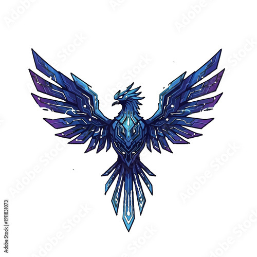 Majestic Blue and Purple Phoenix Bird Spreading Wings on Isolated White Background, Powerful Mythical Firebird Flying