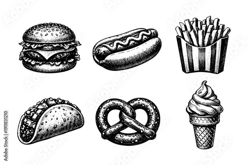Vintage american fast food engraving set, antique snacks sketch in woodcut style