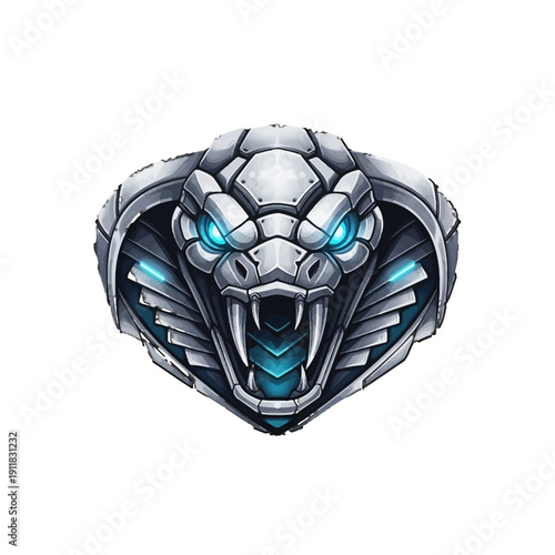 Menacing Robotic Cobra Head with Open Mouth and Blue Glowing Eyes on Isolated White Background, Futuristic Cybernetic Snake Mascot