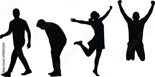 Human emotion silhouette set, sad tired happy jumping poses, life transformation outline vector pack for motivation poster design