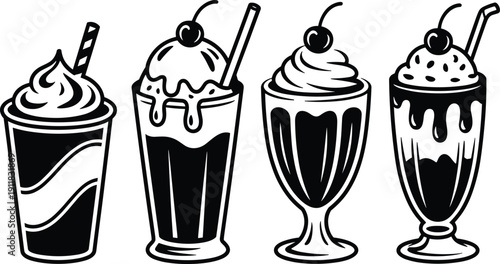 Milkshake dessert drink silhouette set, ice cream sundae glasses, sweet cafe beverage outline vector pack for menu branding design