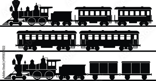 Vintage Steam Locomotive Train Silhouette Set with Passenger Cars and Cargo Wagons on Railway Tracks for Historical Transportation, Retro Travel, and Industrial Heritage