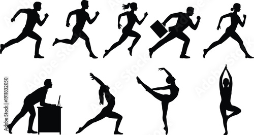 Active people silhouette set, running yoga dance business poses, modern lifestyle outline vector pack for fitness presentation design