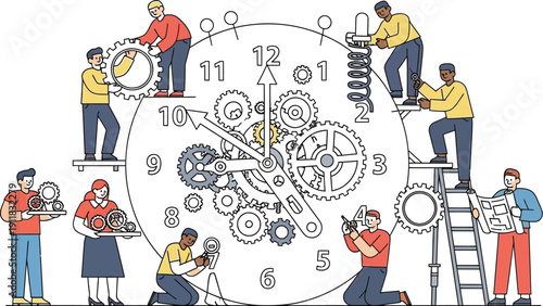 Team of engineers assembling a complex clockwork mechanism with gears and clock parts together efficiently