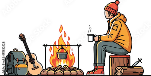 Man sitting by a campfire, enjoying a warm beverage on a serene outdoor adventure