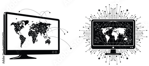 Vector silhouette of monitors displaying world map in black and white
