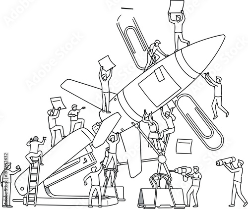 People are working together to assemble and fix a giant office supply item