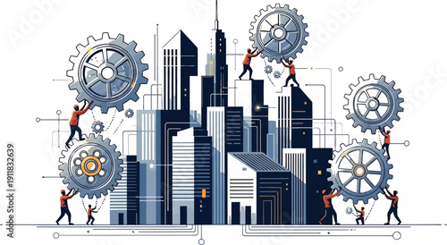 Team of professionals collaborating to rotate large gears in a modern corporate cityscape efficiently