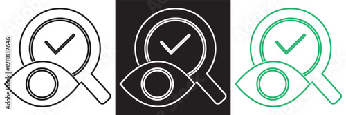 Search Magnifying Glass Icon Set Illustration. Collection of search magnifying glass icons with checkmark and exclamation symbols in black and green variations for web and app interfaces.EPS10/AI.