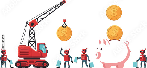Robots operating crane to load coins into a large pink piggy bank container