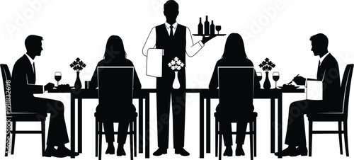 Elegant restaurant dining scene, waiter serving drinks, formal dinner table, wine glasses, flower vases, black and white silhouette illustration vector