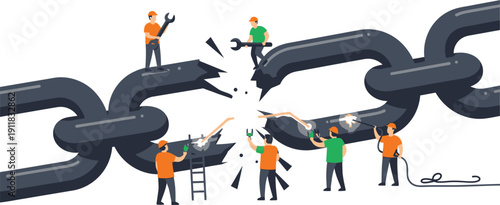 Team of workers repairing and fixing a large broken chain with various tools