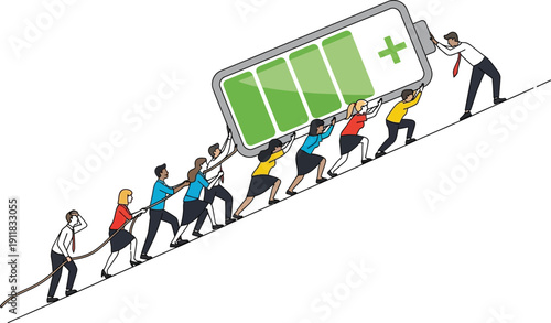 Teamwork and collaboration as people push a giant battery icon uphill together successfully