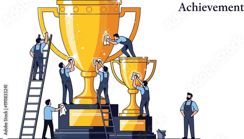 Dedicated cleaning staff meticulously polishing large golden trophies for a prestigious achievement ceremony