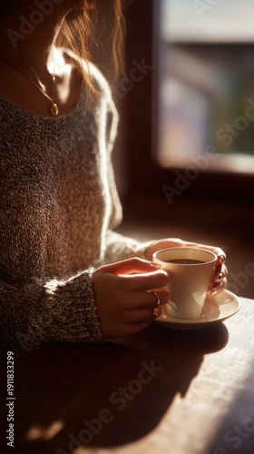 Woman's Hands Holding Coffee Cup in Sunlight