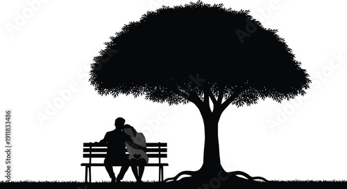 Romantic couple embracing on a park bench under a beautiful tree silhouette