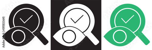 Search Magnifying Glass Icon Set Illustration. Collection of search magnifying glass icons with checkmark and exclamation symbols in black and green variations for web and app interfaces.EPS10/AI.