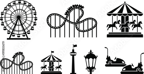 Amusement Park Silhouette Icon Set with Ferris Wheel, Roller Coaster, Carousel, Bumper Cars, and Carnival Rides for Summer Vacation, Fairground Entertainment, Leisure, and Fun