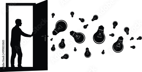 Man opens door to release innovative ideas and creative solutions into the environment outside