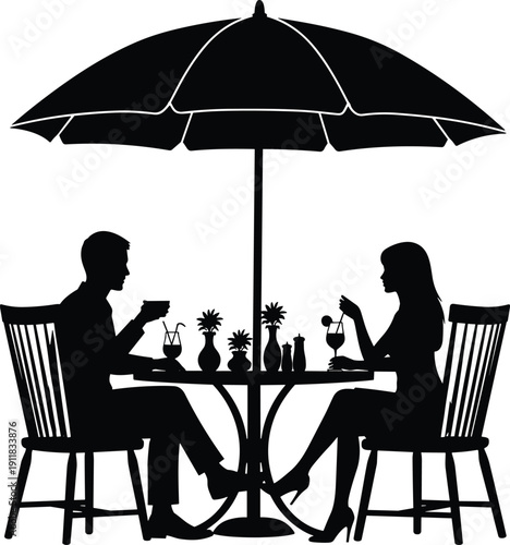 Romantic couple silhouette dining outdoors, patio umbrella, wine glass, coffee cup, round table, plants, café, restaurant, vector illustration