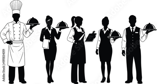 Professional restaurant staff vector silhouettes including chef, waiters, and waitress holding serving trays and kitchen tools for hospitality industry design,