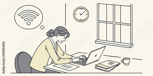 Woman works remotely at a desk with a laptop, thinking about a visible wireless internet connection symbol above her head.