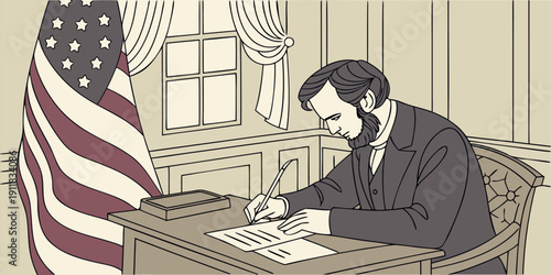 Abraham Lincoln sits at his desk writing a historical document next to the American flag in an office setting.