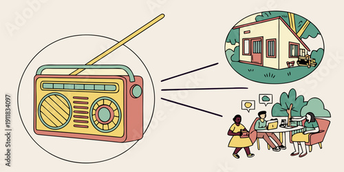 Vintage radio broadcasts information outward to a detached house and a group meeting outdoors under trees.