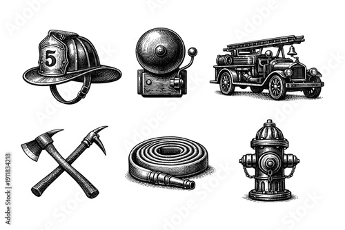 Firefighting Equipment Vintage Engraving Illustration in Hand-Drawn Line Art Style