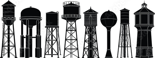 Collection of Water Tower Infrastructure Silhouettes, New York City Skyline with Fireworks, and Amusement Park Carnival Ride Icons for Industrial and Festive Design